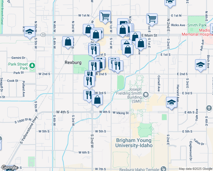 map of restaurants, bars, coffee shops, grocery stores, and more near 236 South 1st West in Rexburg