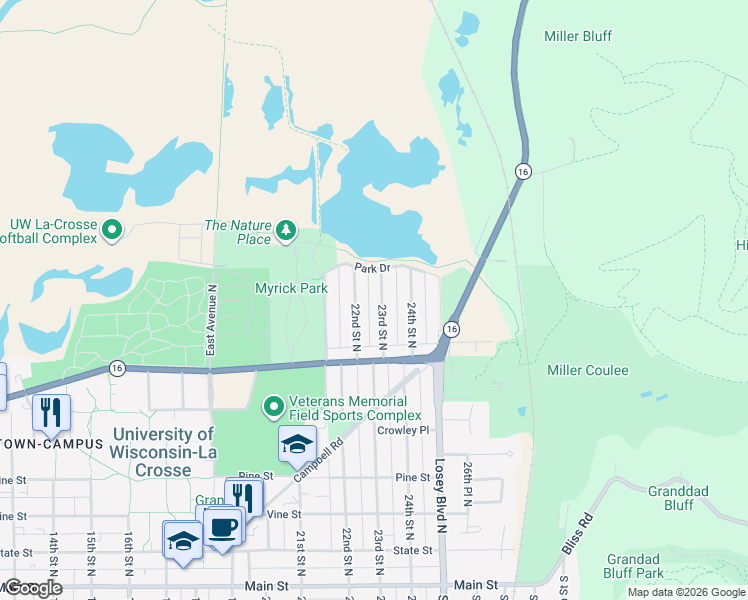 map of restaurants, bars, coffee shops, grocery stores, and more near 776 22nd Street North in La Crosse