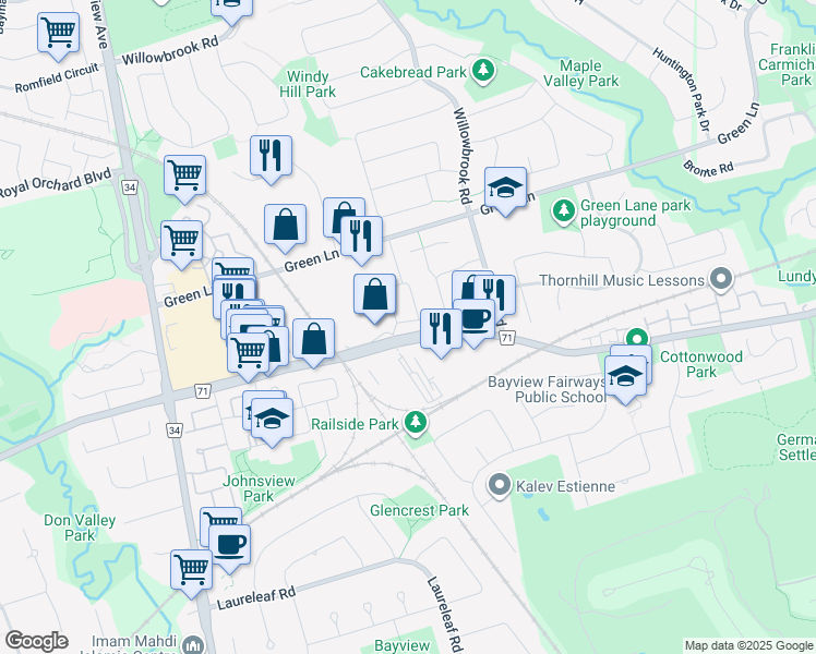 map of restaurants, bars, coffee shops, grocery stores, and more near 360 John Street in Markham