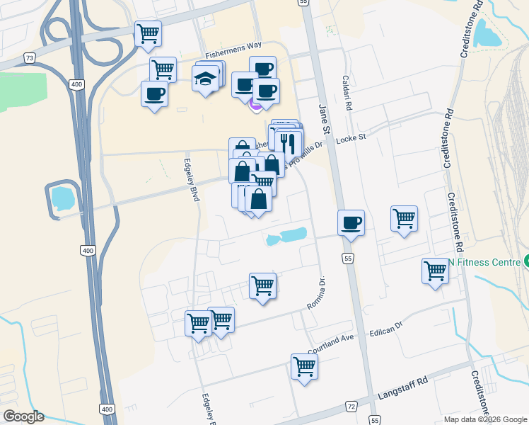 map of restaurants, bars, coffee shops, grocery stores, and more near 411 Four Valley Drive in Vaughan