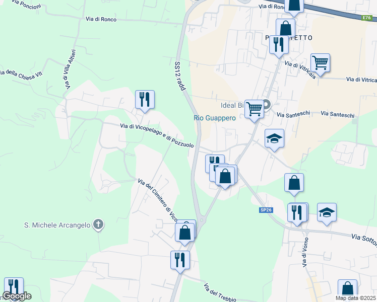 map of restaurants, bars, coffee shops, grocery stores, and more near 250 Via di Vicopelago e di Pozzuolo in Lucca