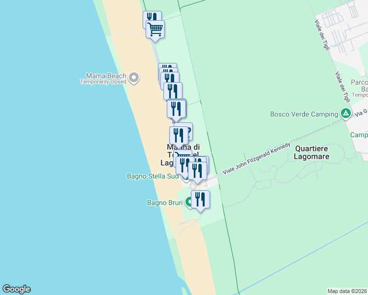 map of restaurants, bars, coffee shops, grocery stores, and more near 37 Viale Europa in Marina di Torre del Lago Puccini