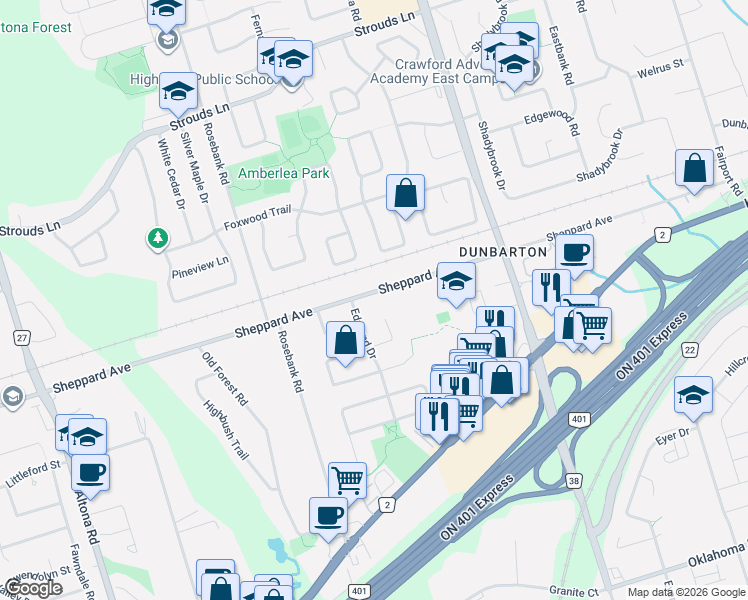 map of restaurants, bars, coffee shops, grocery stores, and more near 579 Sheppard Avenue in Pickering