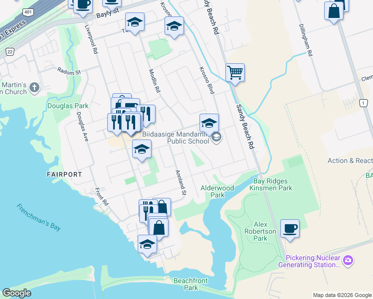 map of restaurants, bars, coffee shops, grocery stores, and more near 727 Balaton Avenue in Pickering