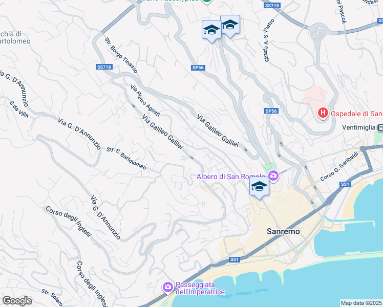 map of restaurants, bars, coffee shops, grocery stores, and more near 192-241 Via Pietro Agosti in Sanremo