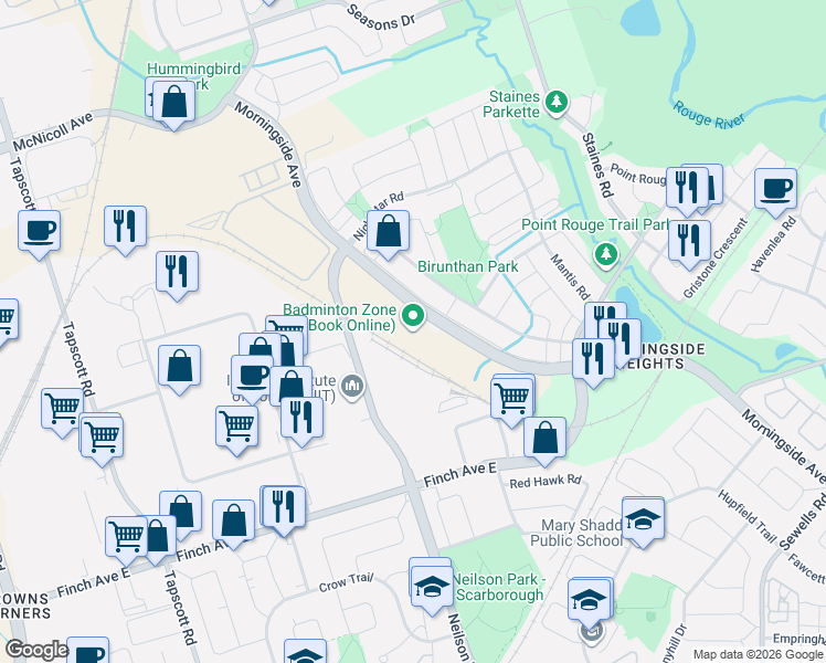 map of restaurants, bars, coffee shops, grocery stores, and more near 2450 Morningside Avenue in Toronto
