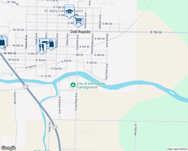 map of restaurants, bars, coffee shops, grocery stores, and more near City Park Avenue in Dell Rapids