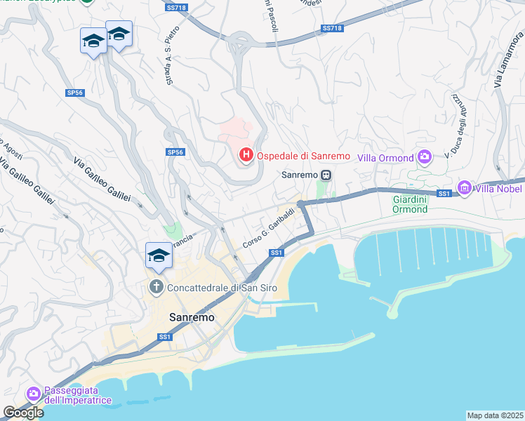 map of restaurants, bars, coffee shops, grocery stores, and more near 113 Via Alessandro Volta in Sanremo