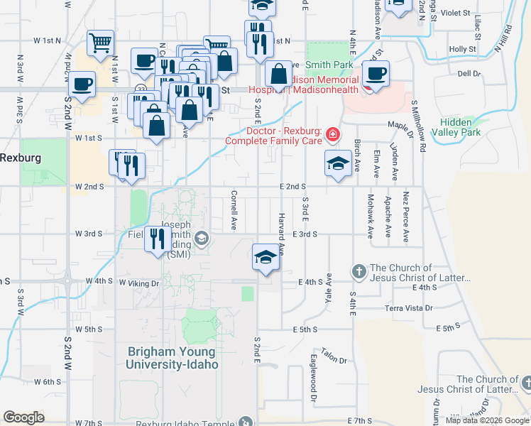 map of restaurants, bars, coffee shops, grocery stores, and more near 230 Harvard Avenue in Rexburg