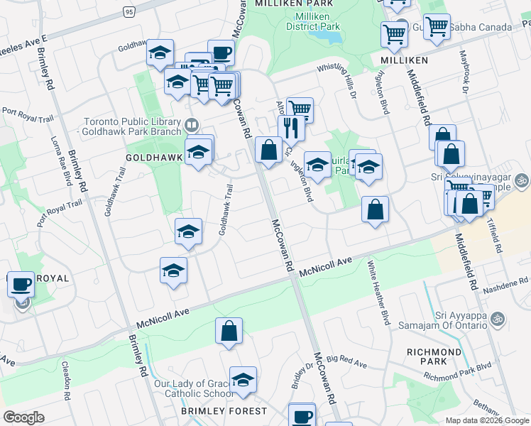 map of restaurants, bars, coffee shops, grocery stores, and more near 58 Alanbull Square in Toronto