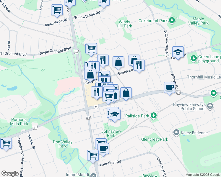 map of restaurants, bars, coffee shops, grocery stores, and more near 312 John Street in Markham