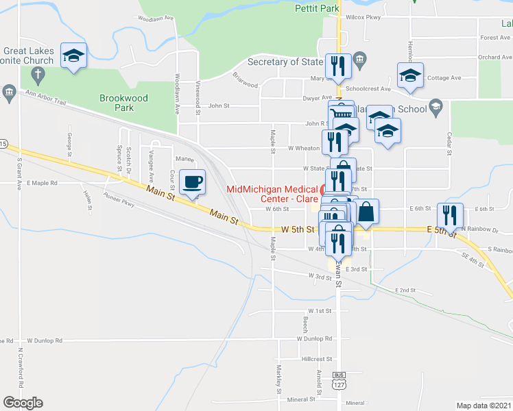 map of restaurants, bars, coffee shops, grocery stores, and more near 314 West 6th Street in Clare