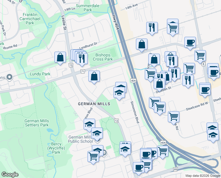 map of restaurants, bars, coffee shops, grocery stores, and more near 133 Simonston Boulevard in Markham