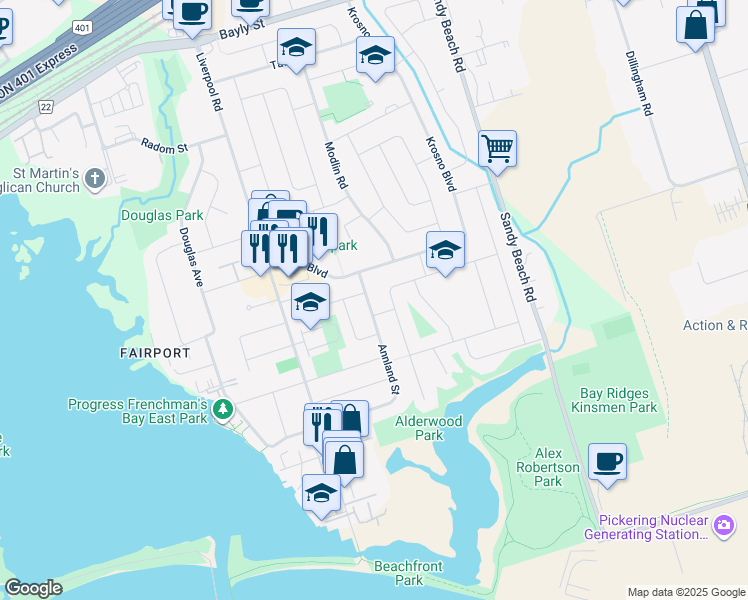 map of restaurants, bars, coffee shops, grocery stores, and more near 725 Annland Street in Pickering