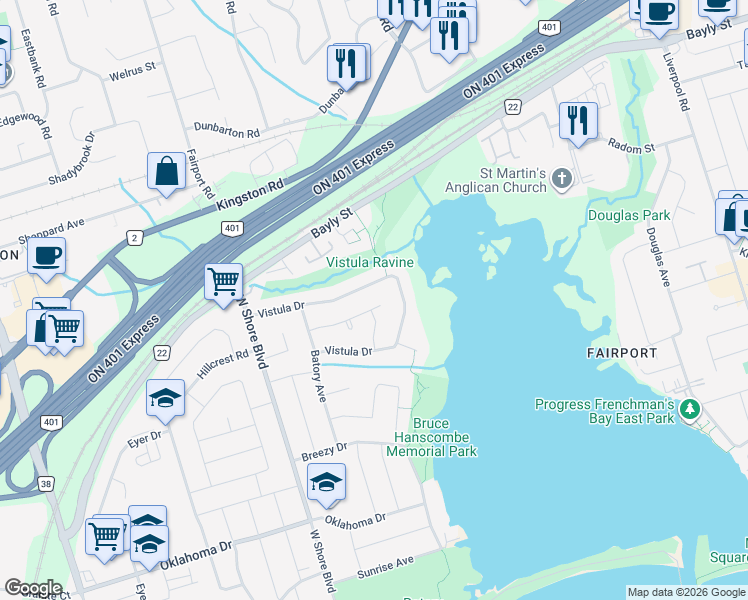 map of restaurants, bars, coffee shops, grocery stores, and more near 976 Timmins Gardens in Pickering