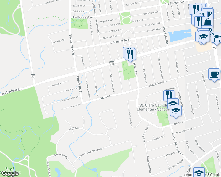 map of restaurants, bars, coffee shops, grocery stores, and more near 22 Siderno Crescent in Vaughan