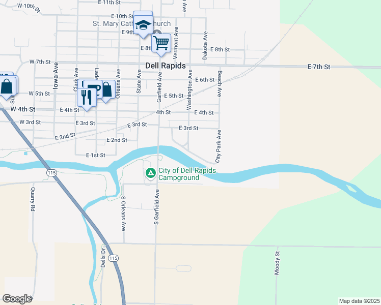 map of restaurants, bars, coffee shops, grocery stores, and more near City Park Avenue in Dell Rapids