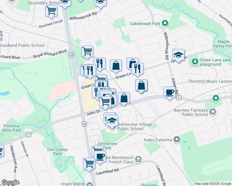 map of restaurants, bars, coffee shops, grocery stores, and more near 320 John Street in Markham