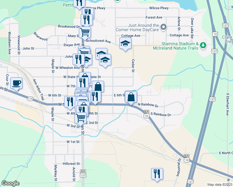 map of restaurants, bars, coffee shops, grocery stores, and more near 303 East 6th Street in Clare
