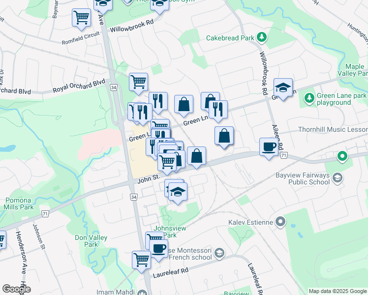 map of restaurants, bars, coffee shops, grocery stores, and more near 320 John Street in Markham