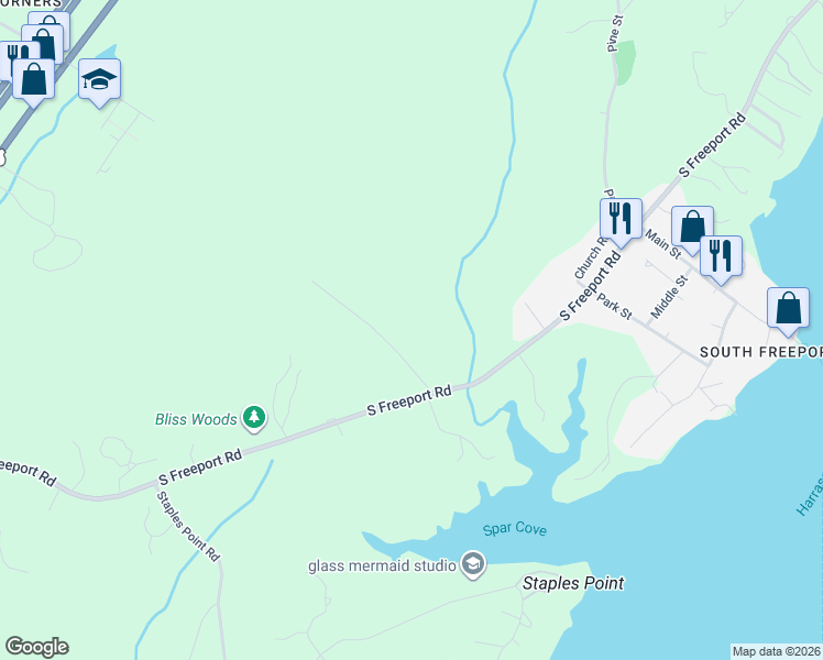 map of restaurants, bars, coffee shops, grocery stores, and more near 3 Middle Street in Freeport