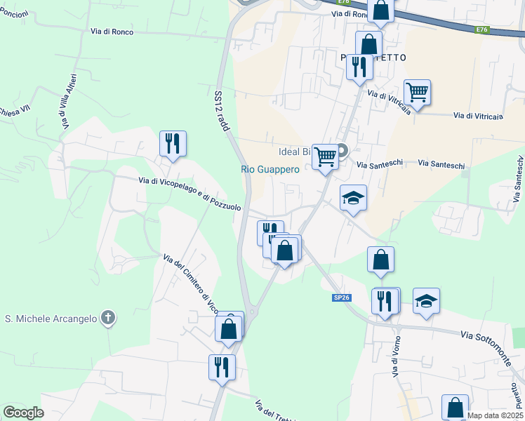 map of restaurants, bars, coffee shops, grocery stores, and more near 250 Via di Vicopelago e di Pozzuolo in Lucca