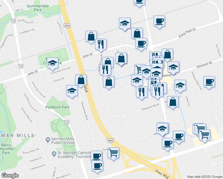 map of restaurants, bars, coffee shops, grocery stores, and more near 18 Denison Street in Markham