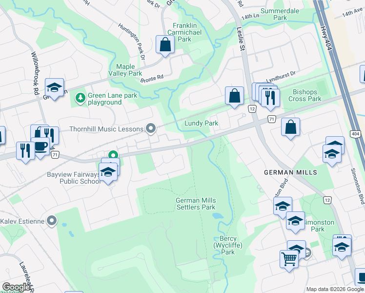map of restaurants, bars, coffee shops, grocery stores, and more near 1974 John Street in Markham