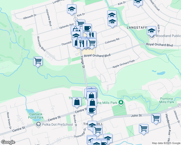 map of restaurants, bars, coffee shops, grocery stores, and more near 60 Inverlochy Boulevard in Markham
