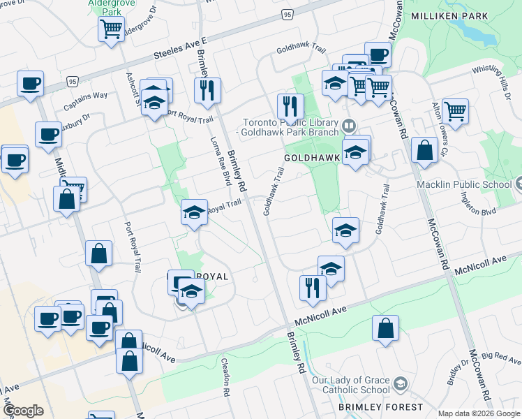 map of restaurants, bars, coffee shops, grocery stores, and more near 197 Goldhawk Trail in Toronto