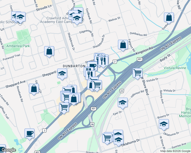 map of restaurants, bars, coffee shops, grocery stores, and more near in Pickering