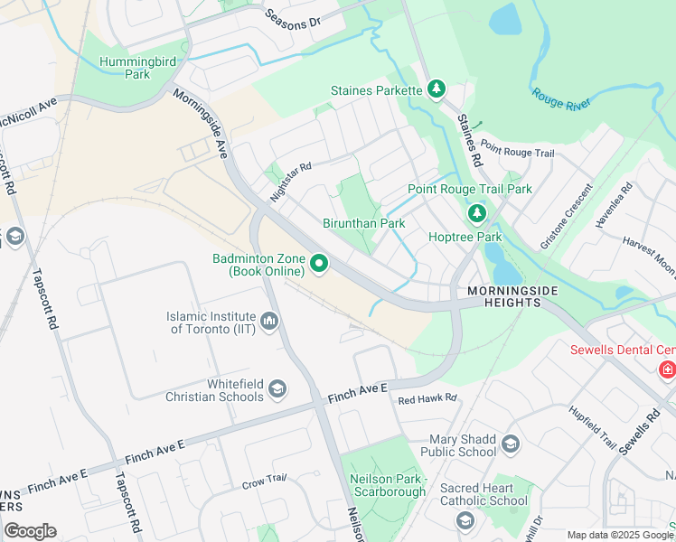 map of restaurants, bars, coffee shops, grocery stores, and more near 7610 Morningside Avenue in Toronto