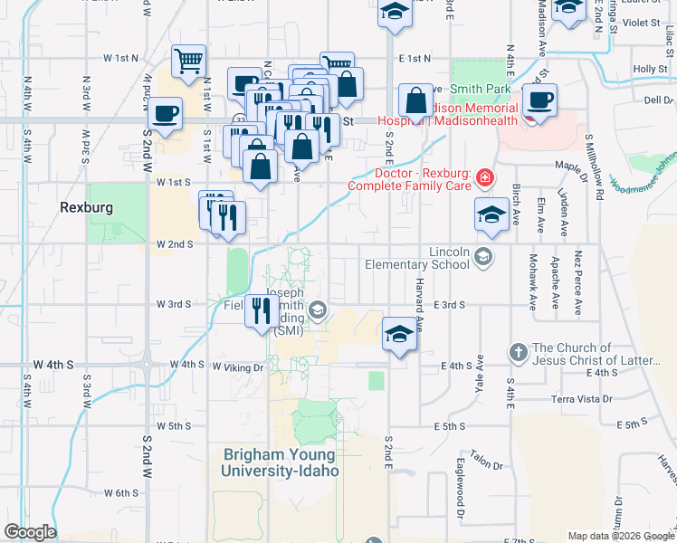 map of restaurants, bars, coffee shops, grocery stores, and more near 234 Cornell Avenue in Rexburg