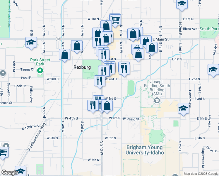map of restaurants, bars, coffee shops, grocery stores, and more near 229 South 2nd West in Rexburg
