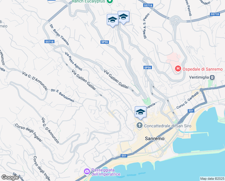 map of restaurants, bars, coffee shops, grocery stores, and more near 174 Via Pietro Agosti in Sanremo