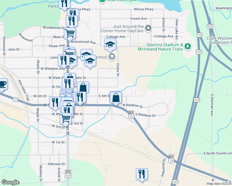 map of restaurants, bars, coffee shops, grocery stores, and more near 407 East 6th Street in Clare