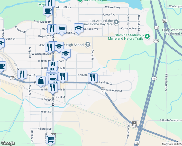 map of restaurants, bars, coffee shops, grocery stores, and more near 407 East 6th Street in Clare