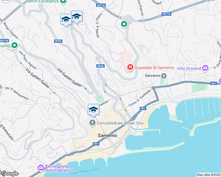 map of restaurants, bars, coffee shops, grocery stores, and more near 164 Via Zefiro Massa in Sanremo