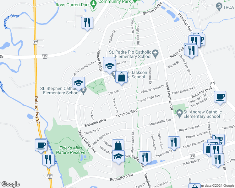 map of restaurants, bars, coffee shops, grocery stores, and more near 74 Giovanni Way in Vaughan