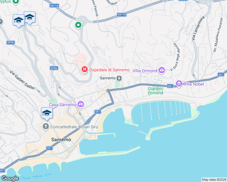 map of restaurants, bars, coffee shops, grocery stores, and more near 14 Corso Felice Cavallotti in Sanremo