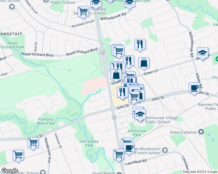 map of restaurants, bars, coffee shops, grocery stores, and more near 1 Green Lane in Markham