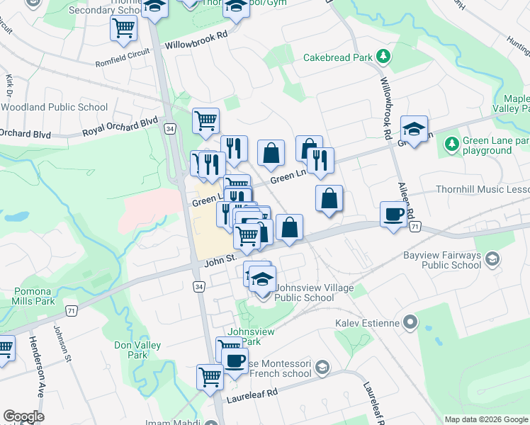 map of restaurants, bars, coffee shops, grocery stores, and more near 316 John Street in Markham