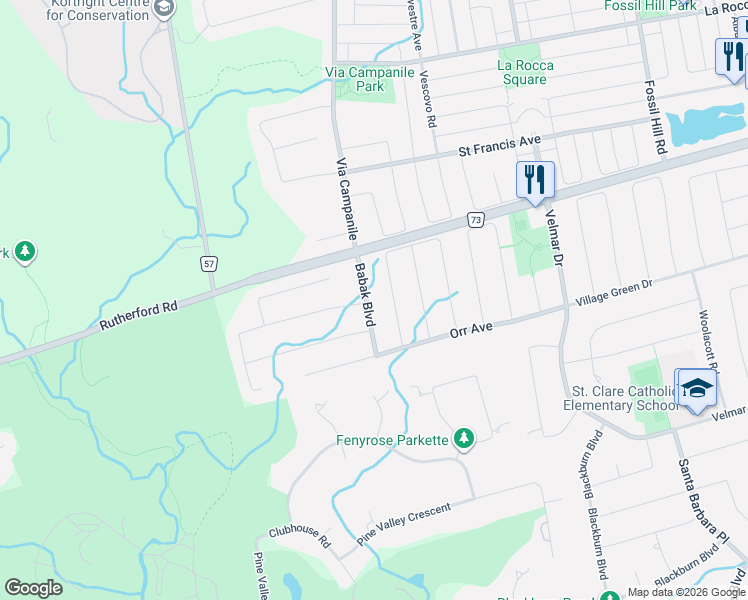 map of restaurants, bars, coffee shops, grocery stores, and more near 58 Kimber Crescent in Vaughan