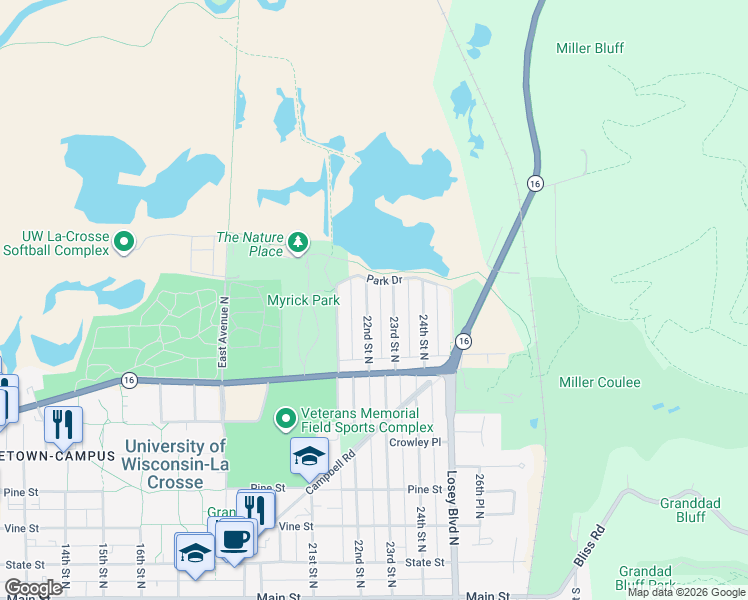 map of restaurants, bars, coffee shops, grocery stores, and more near 776 22nd Street North in La Crosse
