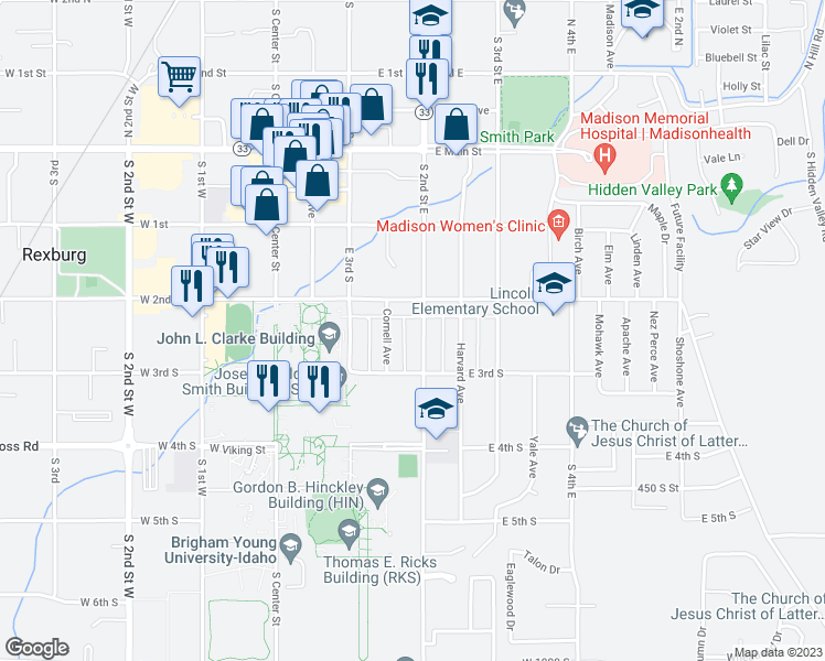 map of restaurants, bars, coffee shops, grocery stores, and more near 236 South 2nd East in Rexburg