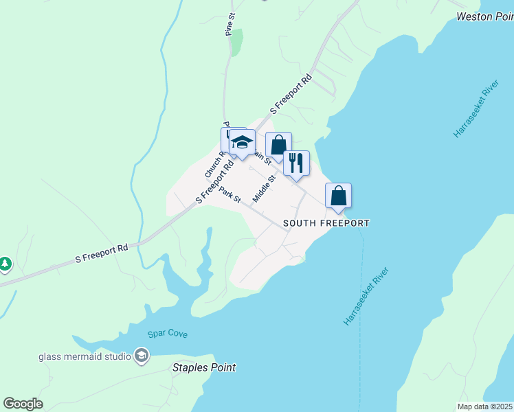 map of restaurants, bars, coffee shops, grocery stores, and more near 13 Park Street in Freeport