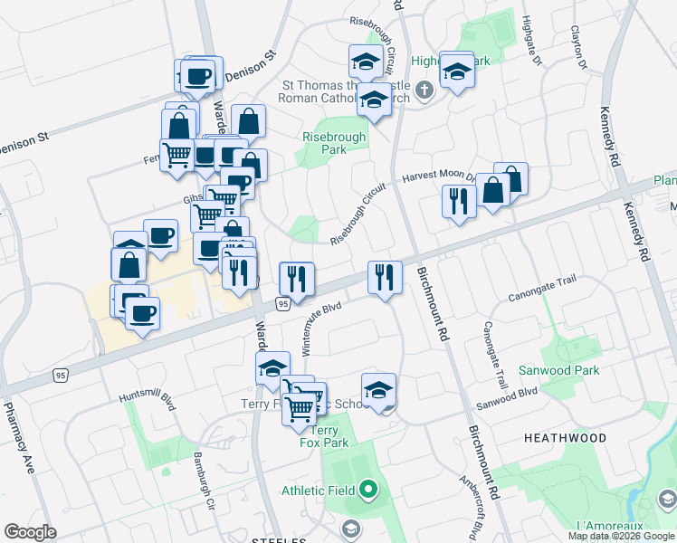 map of restaurants, bars, coffee shops, grocery stores, and more near 47 Cheeseman Drive in Markham