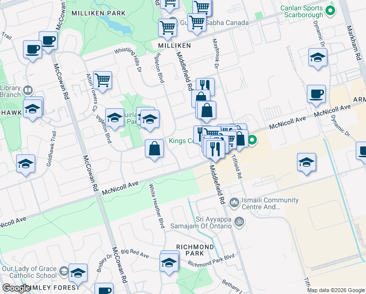 map of restaurants, bars, coffee shops, grocery stores, and more near 19 Valley Stream Drive in Toronto