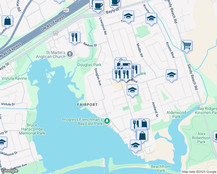 map of restaurants, bars, coffee shops, grocery stores, and more near 1287 Old Orchard Avenue in Pickering