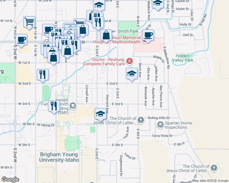 map of restaurants, bars, coffee shops, grocery stores, and more near 240 South 3rd East in Rexburg